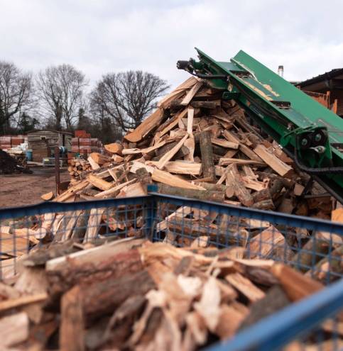 This dumpster is filled with chopped wood, outside of a building